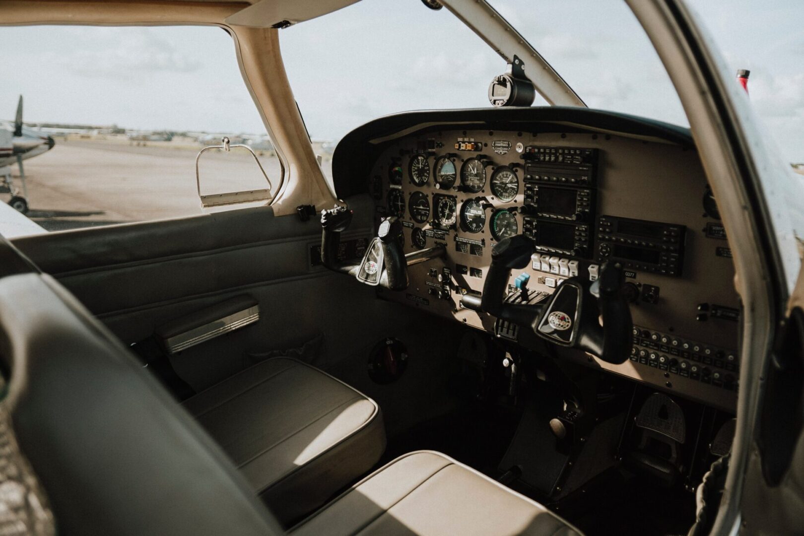 A view of the cockpit of an airplane.